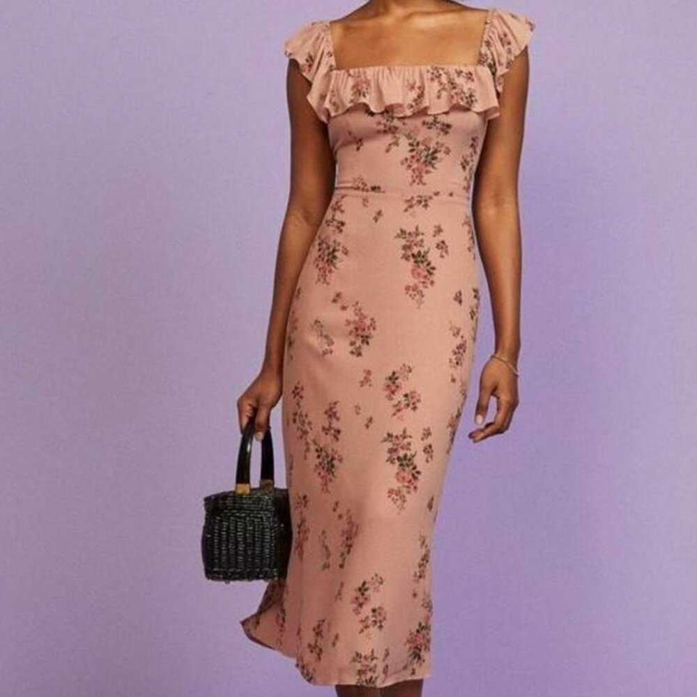 Reformation Dusty Rose Floral Ruffle Midi Dress
